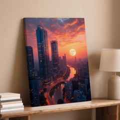 Cityscape Canvas Wall Art Sunset With Full Moon Modern Urban Night Skyline Print