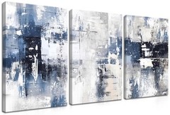 Abstract Blue and White Wall Art Set of 3, Modern Simple Navy Framed Canvas P…