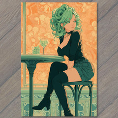 Art Print Green Hair Woman Black Top Green Skirt Orange Cafe Bottles Abstract Wa