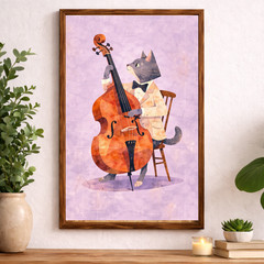 Whimsical Cat Wall Art, Watercolor Animal Print, Music Decor Gift 11×17 Framed