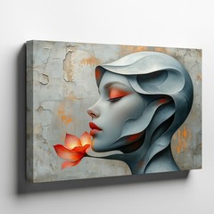 Abstract surreal female face with red flower canvas wall art modern decor print