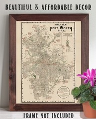 1928 Greater Fort Worth Texas City Map Vintage Tarrant County Wall Art
