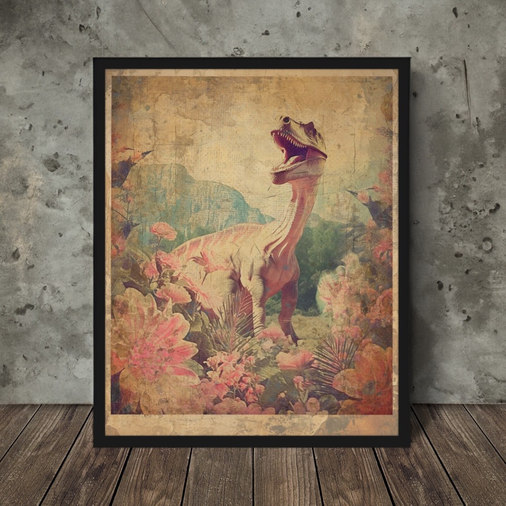 DINOSAUR BOTANICAL Retro Wall Art, Prehistoric Flower Print, Dino Floral Decor