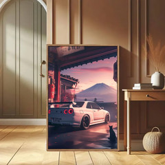 Skyline R34 GTR Poster Mount Fuji Sunset Japanese JDM Wall Decor