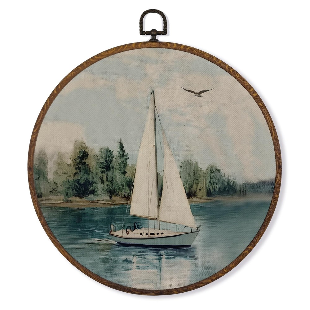 Vintage Sailboat Nautical Wall Art Decor Round Framed, Coastal Beachy Boat Ca…