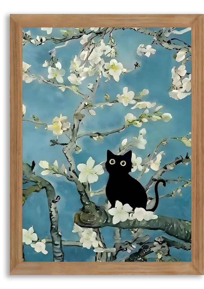 AXILANG Black Cat 10″L x 8″W, Blue Teal White Green Natural Wood Frame