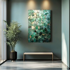 Emerald Green Mosaic Abstract Painting Print on Framed Canvas Wall Art Geometric