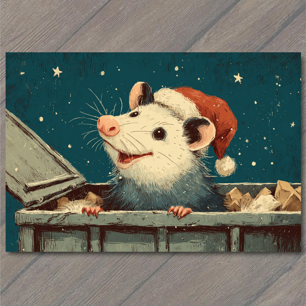 Art Print Christmas Possum Santa Hat Funny Holiday Trash Can Humor Card