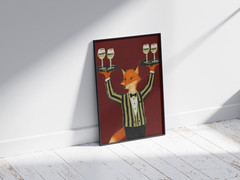 Fox Waiter Art Poster – Stylish Animal With Wine – Unique Kitchen Wall Decor