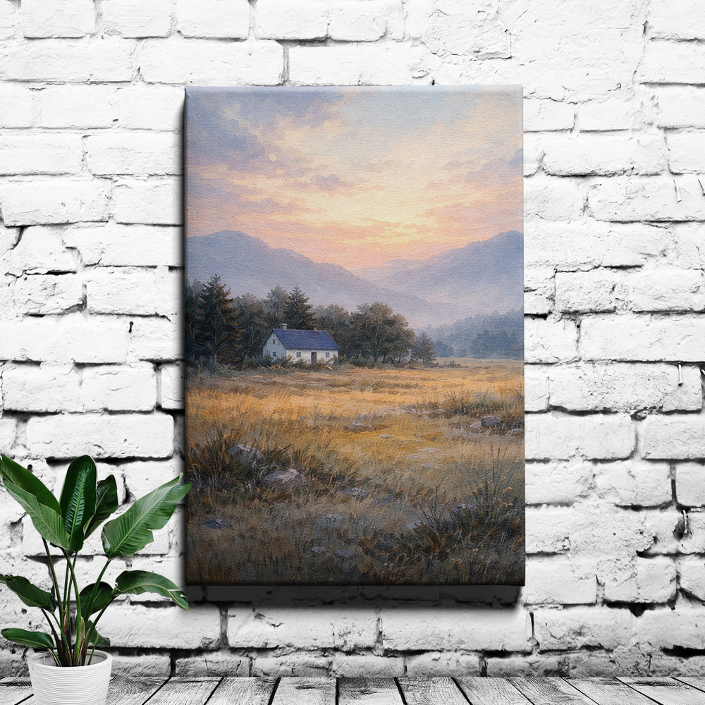 Antique Country Cottage Landscape Rustic Farmhouse Framed Canvas Print