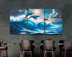 Blue Wave Wall Art, 3-Panel Canvas, Ocean Decor, Large Modern Dolphin Wall Art