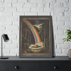 Vintage UFO RAINBOW Wall Art, Alien Pot of Gold Decor, Sci-fi Gay Pride Poster