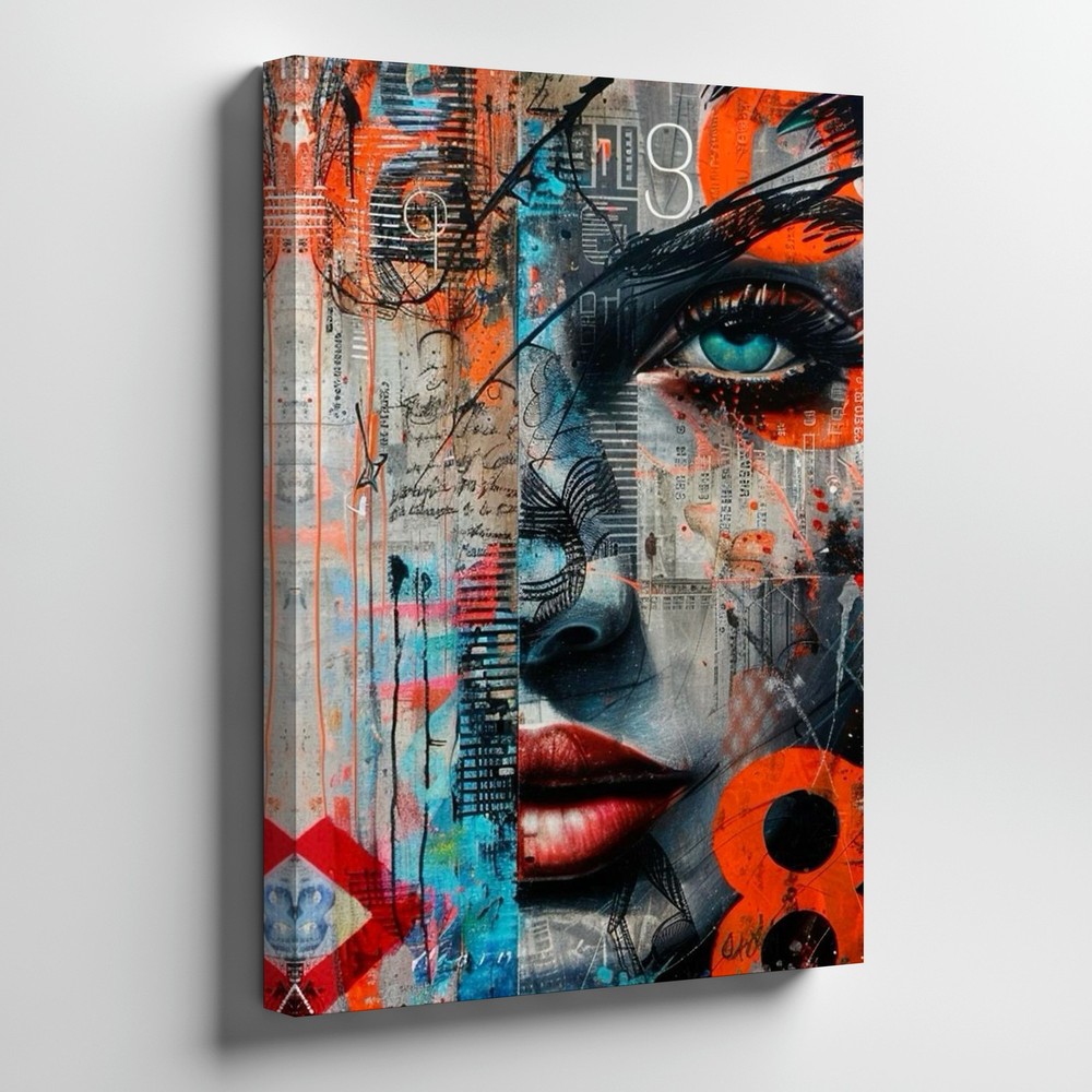 Modern Abstract Urban Woman Face Canvas Wall Art Contemporary Mixed Media Print