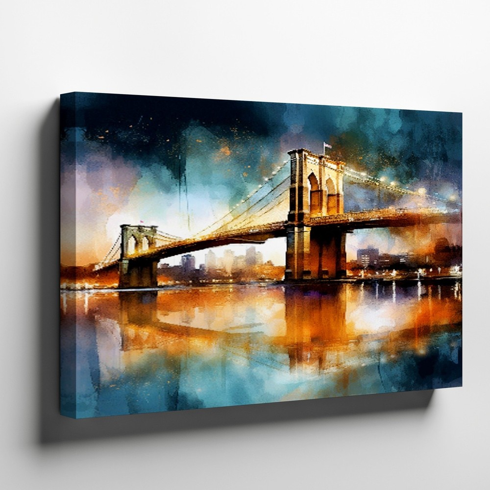 Abstract Brooklyn Bridge cityscape canvas wall art modern urban night print