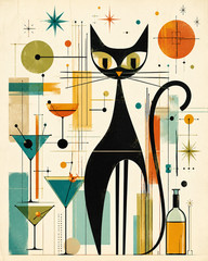 Mid Century Modern Black Cat Poster Retro Martini Glass Print Bar Cart Art