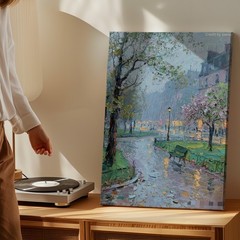 Impressionist City Park Canvas Art Rainy Day Urban Landscape Wall Decor Print