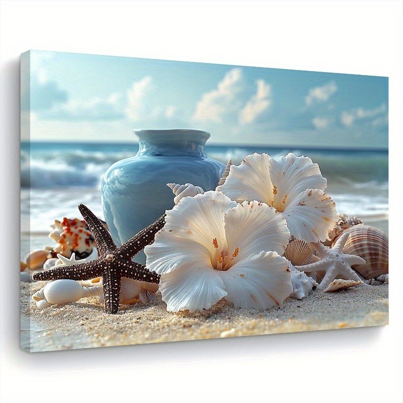 White Hibiscus Starfish Vase Beach Framed Canvas, Soft Light Coastal Tropical