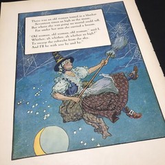 Vtg Old women Broom Good Witch 1910s Mother Goose Print Wall Art 9×12″