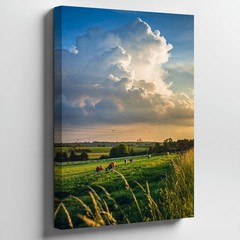 Serene Rural Landscape At Golden Hour, Featuring A Lush Green Field Wall Art