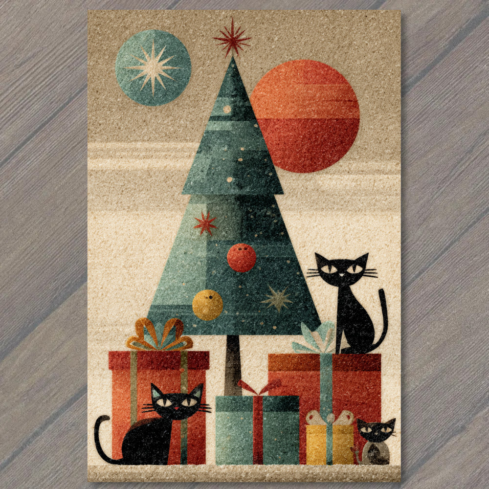 Art Print Retro Black Cats Christmas Tree Gifts Midcentury Modern Holiday Cheer