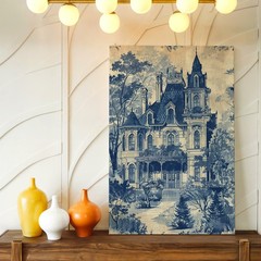Wall Art Gothic Victorian Mansion Print Blue Toile Style House Landscape Decor
