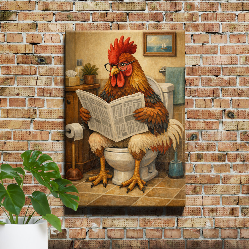 Chicken Reading Newspaper on Toilet Funny Rustic Framed Canvas