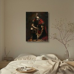 Kneeling Roman Warrior Vintage Oil Framed Canvas, Masculine Man Cave Decor