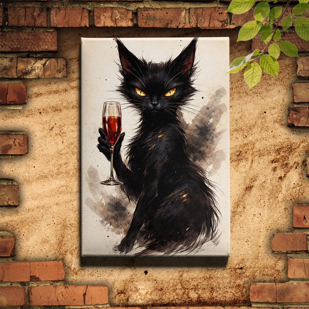 Graffiti Black Cat with Wine Waterproof Fade Resistant Framed Canvas Art