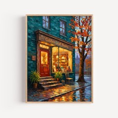 Autumn Bookstore Impressionist Oil Painting – Cozy Bookshop at Dusk Art Print