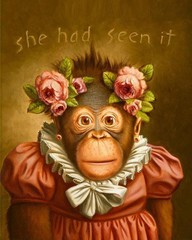 ZW27 Handmade Painted Stretched Canvas Frame Art Monkey Flowers Oil Painting