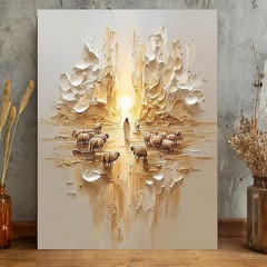 Textured Oil Painting, Jesus Shepherd with Sheep, Christian Wall Art, Home Decor