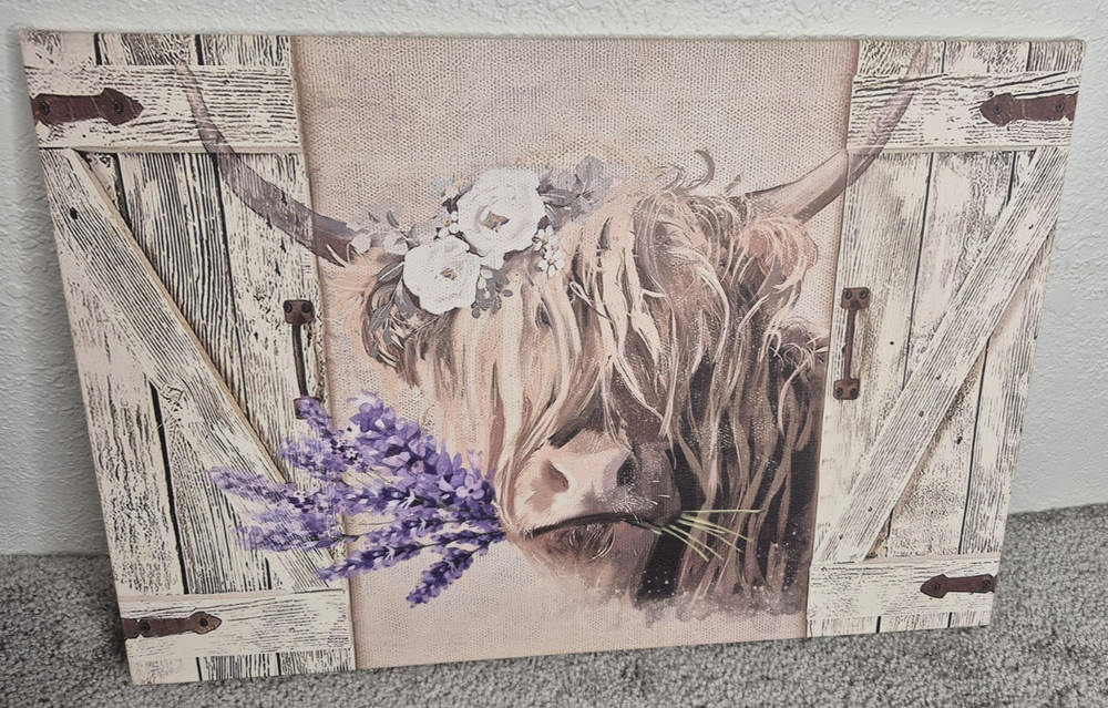 Highland Cow Canvas Wall Art, Highland Cow and Purple Lavender 23 x 15.5″ Farm