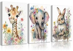 3Pcs Baby Watercolor Safari Animals Nursery Canvas Wall Art Cute Jungle Anima…
