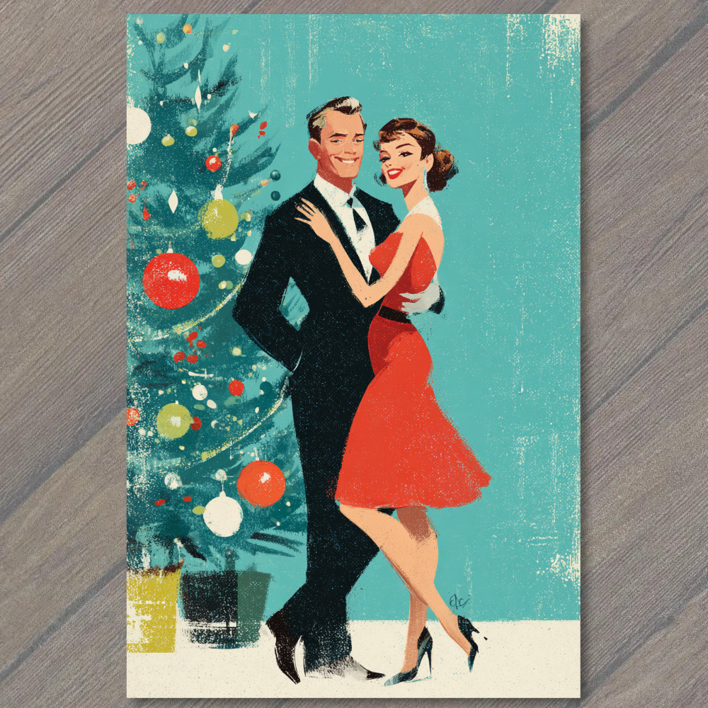 Art Print Retro Christmas Couple Red Dress Holiday Tree Midcentury Modern Style