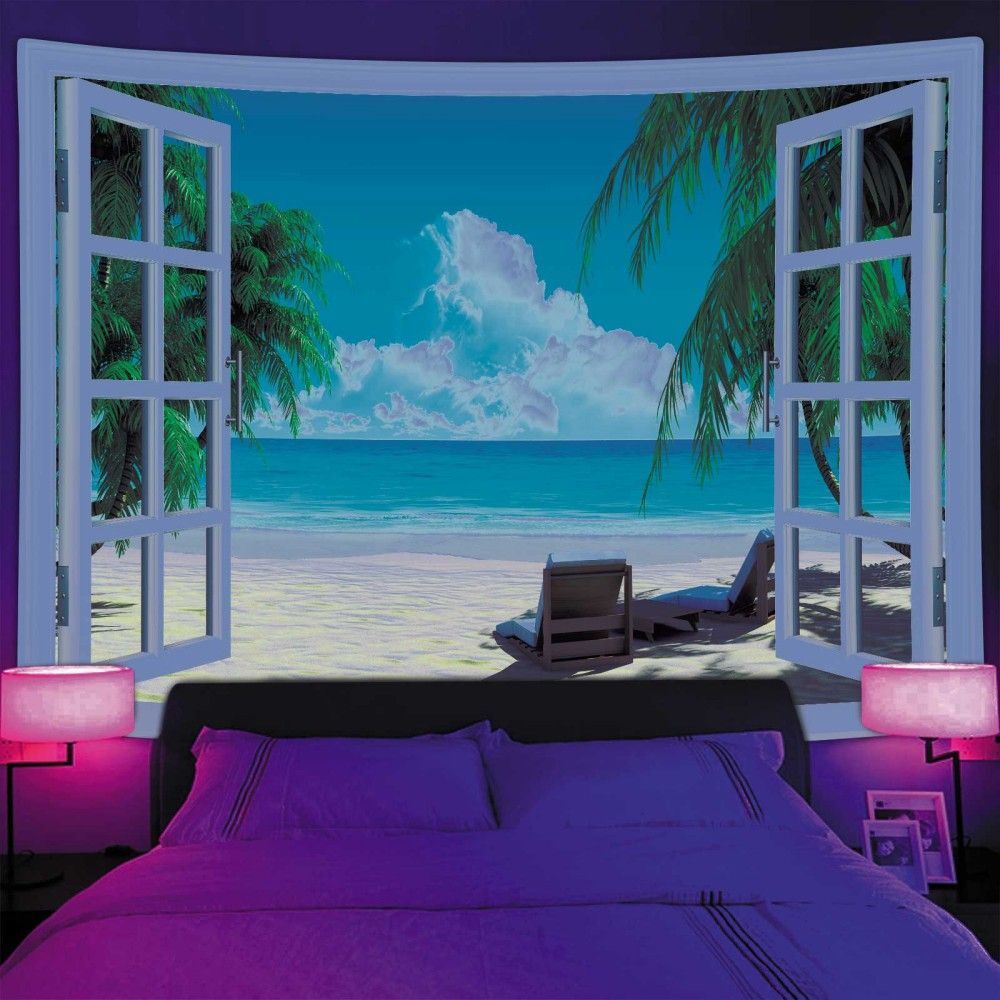 Large Wall Art Blacklight Poster UV Reactive Tapestry Wall Hanging Summer Beach