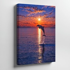 Dolphin Jumping At Sunset Ocean Canvas Wall Art Marine Nature Decor Scene Print