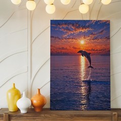 Dolphin Jumping At Sunset Ocean Canvas Wall Art Marine Nature Decor Scene Print