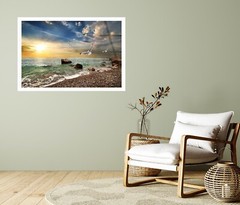 A Group of Birds Flying Over A Beach Premium Quality Poster