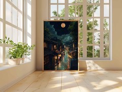 Tokyo Night Street Poster – Rainy Japanese Cityscape Full Moon Wall Art