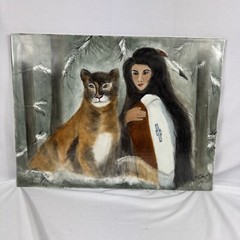 SIGNED Native American Girl And Lion Nature Painting On Ceramic Tile 16×12 in