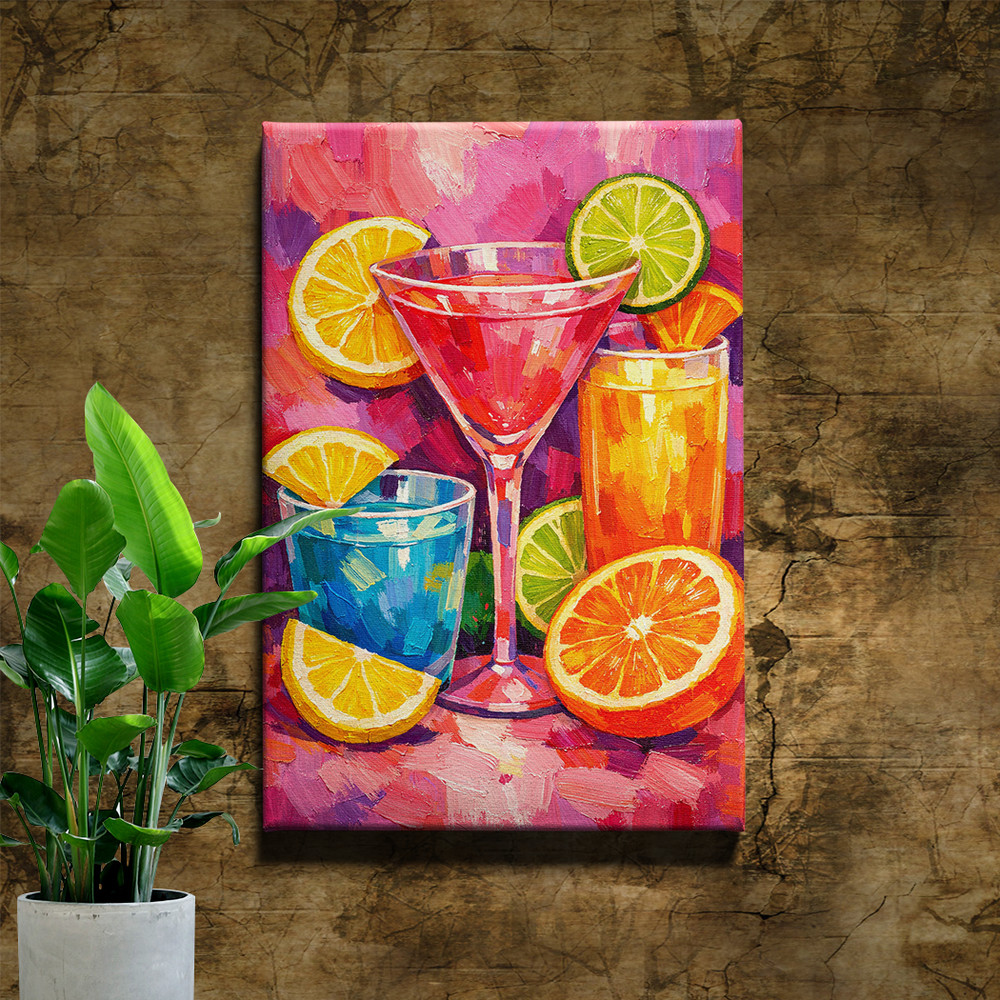 Pink Margarita Cocktail Abstract Bar Framed Canvas Wall Art Oil Painting Print