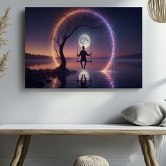 Surreal Moonlight Swing Canvas Wall Art Mystical Tree and Water Reflection Print