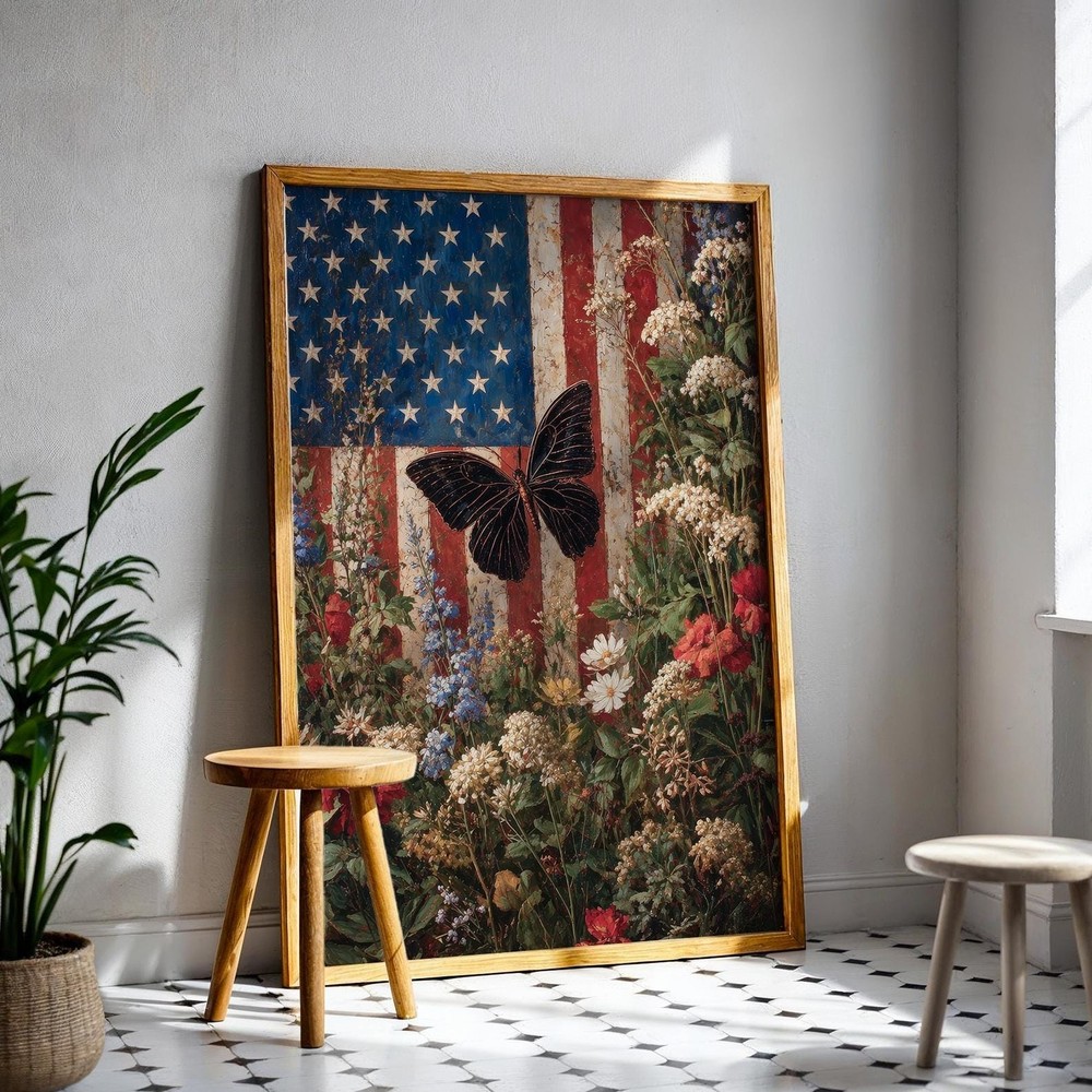 Patriotic Butterfly Wall Art, Vintage Americana Floral Print, 4th of July Decor