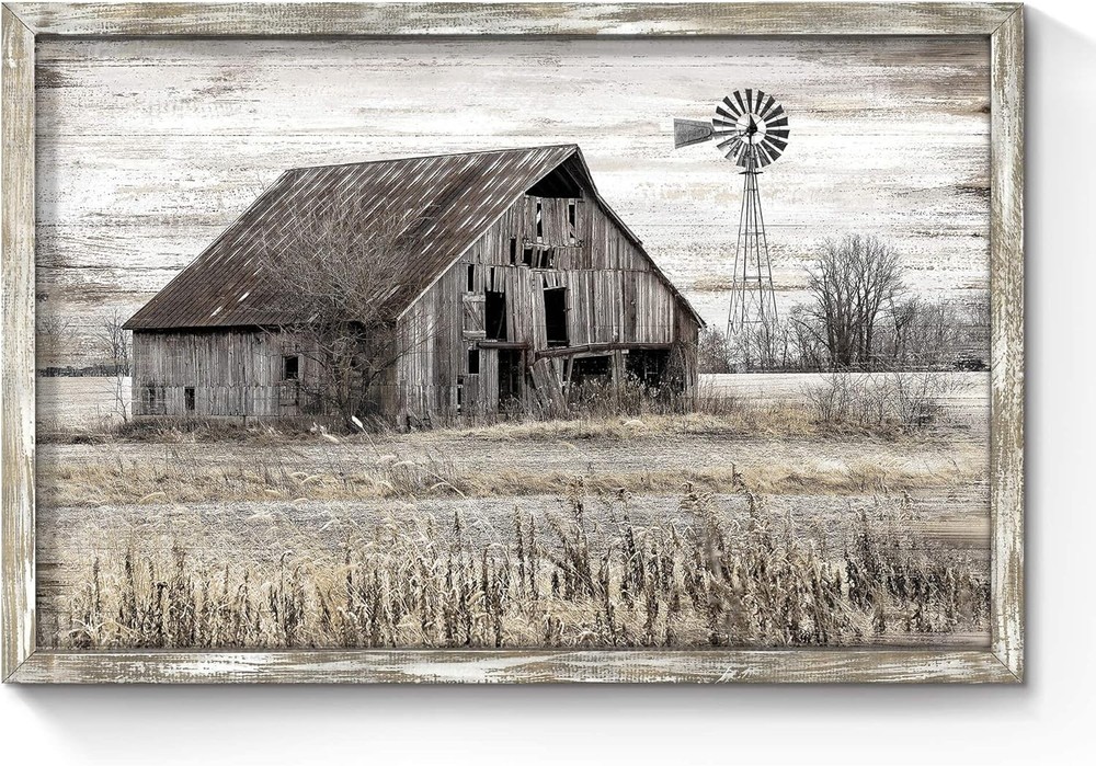 Bedroom Rustic Wood Wall Art:Vintage Farmhouse Office Artwork Old Barn Windmill