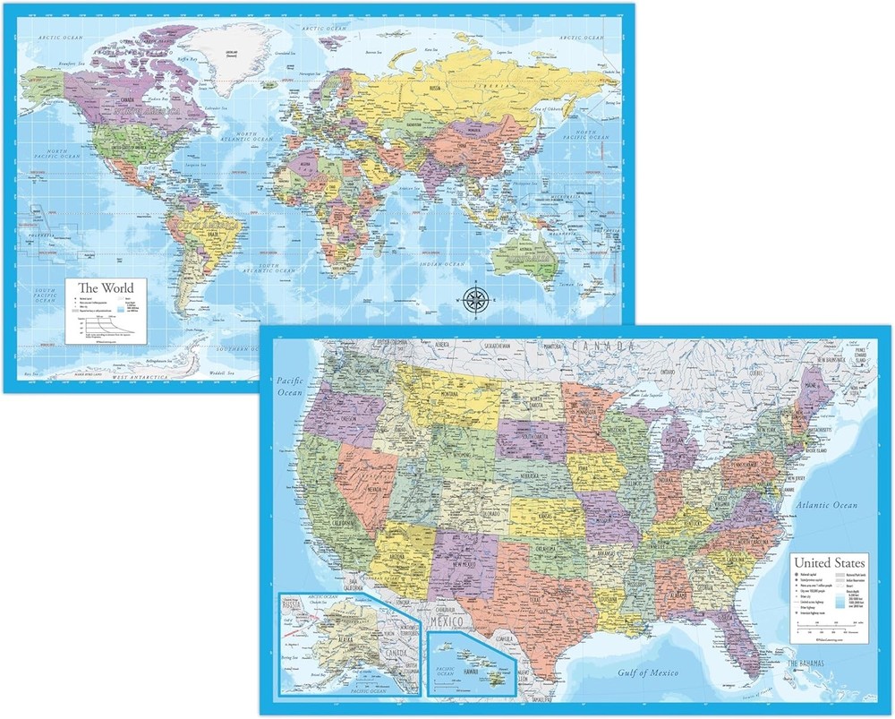 2 Pack – Laminated World Map & US Map Poster Set – Wall Chart Map of the World &