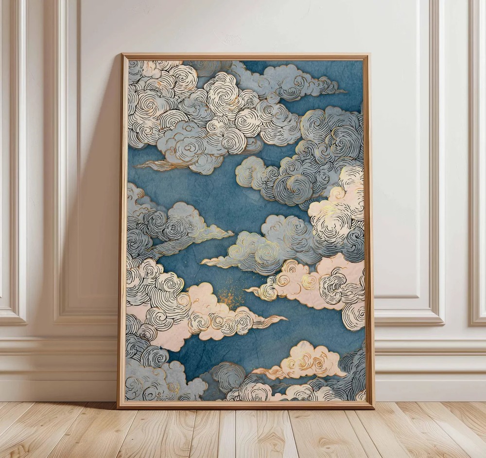 Japanese Cloud Art Poster Blue Gold Sky µk1yo ә Wall Decor