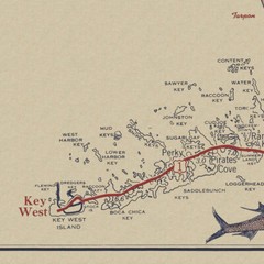 Mid-Century Miami to Key West Florida Overseas Highway Fishing Map circa 1952