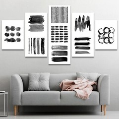 Black & White Paint Stroke Collage Abstract Canvas Print Wall Art Set of 5