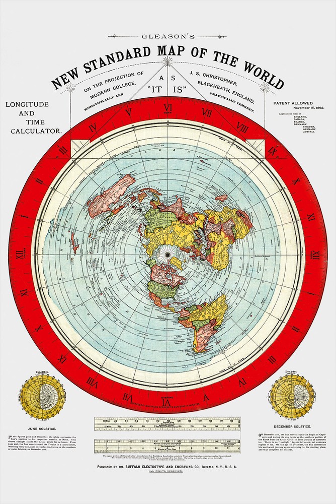 Flat Earth Map – Gleason’s New Standard Map Of The World – Medium 18 x 24″ 1892