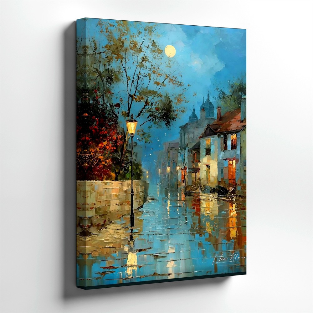 Wall Art Rainy Night Street Scene Village Houses Moonlight Painting Print Decor